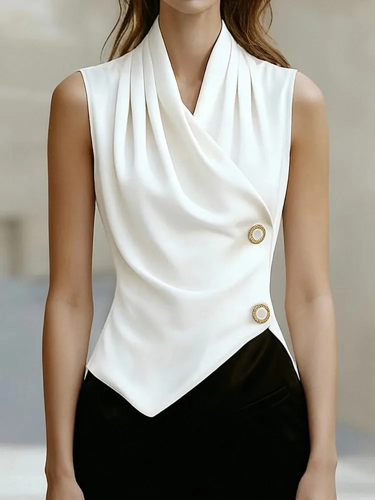 Simples e elegante charme high-end sentir bainha irregular decote plissado com decote em v sem mangas topo roupas femininas
