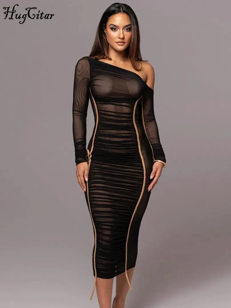 Hugcitar malha sólida gola diagonal manga longa drapeado sexy ver através bodycon maxi vestido verão moda roupas festival clube