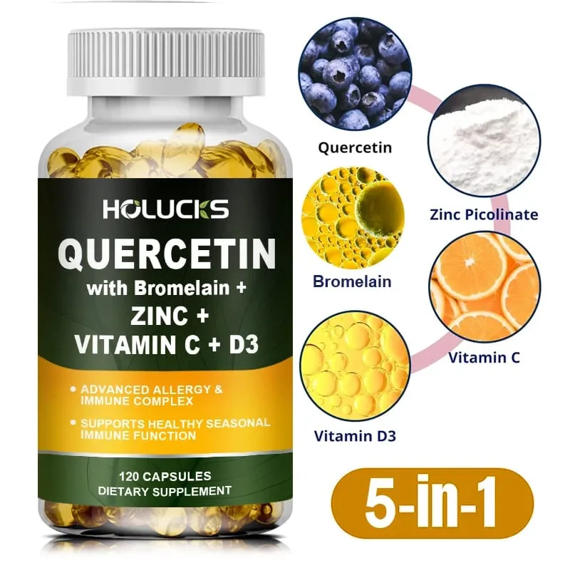 Suplemento avançado de quercetina vitamina C + D3 com bromelaína para imunidade, saúde da pele e ossos fortes, vitalidade geral vegana