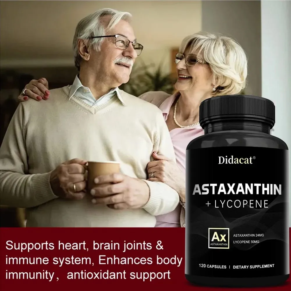 Astaxantina 24 mg + licopeno 50 mg antioxidante natural de microalgas suplemento de astaxantina apoia a saúde da pele dos olhos não-OGM