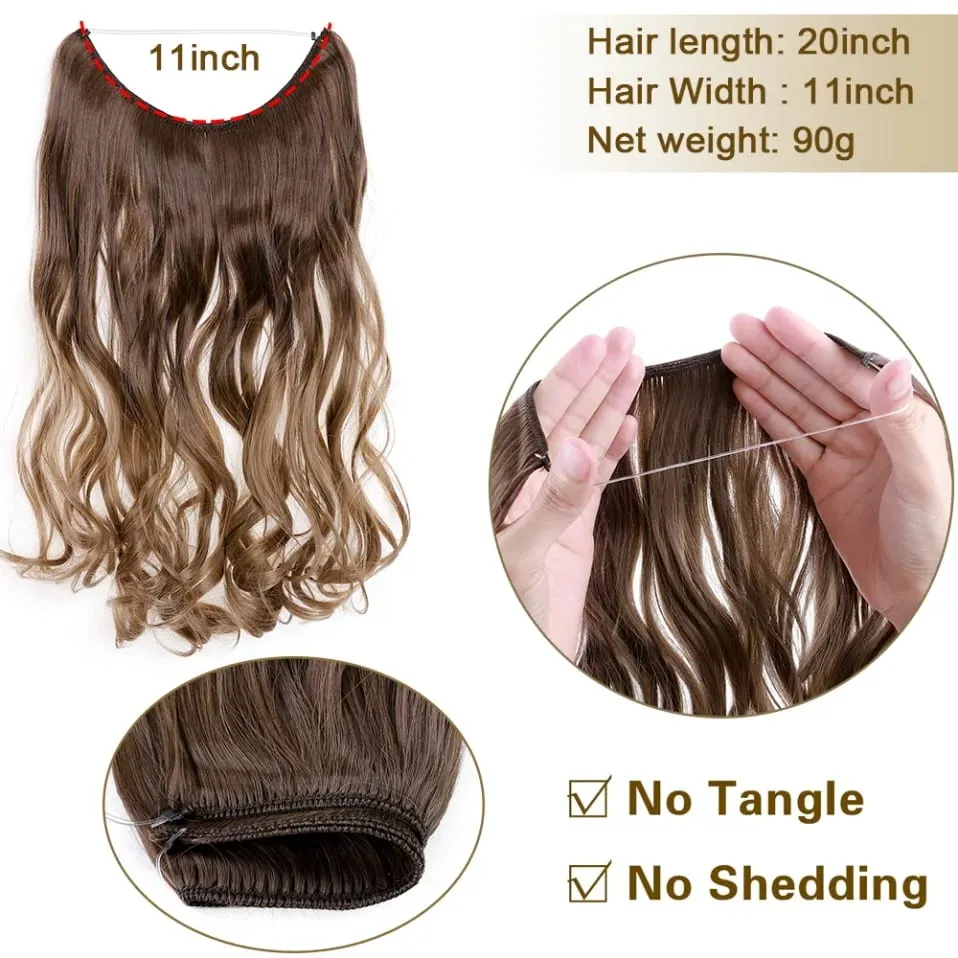 Extensões de cabelo de fio invisível sintético fio transparente ajustável longo ondulado encaracolado secreto hairpiece 20 Polegada para mulher