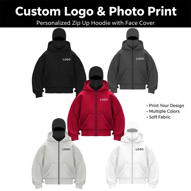 Diy design duplo-capuz zíper hoodies masculino personalizado impresso manga longa zip up sweatshirts feminino máscara ninja pullovers jaqueta