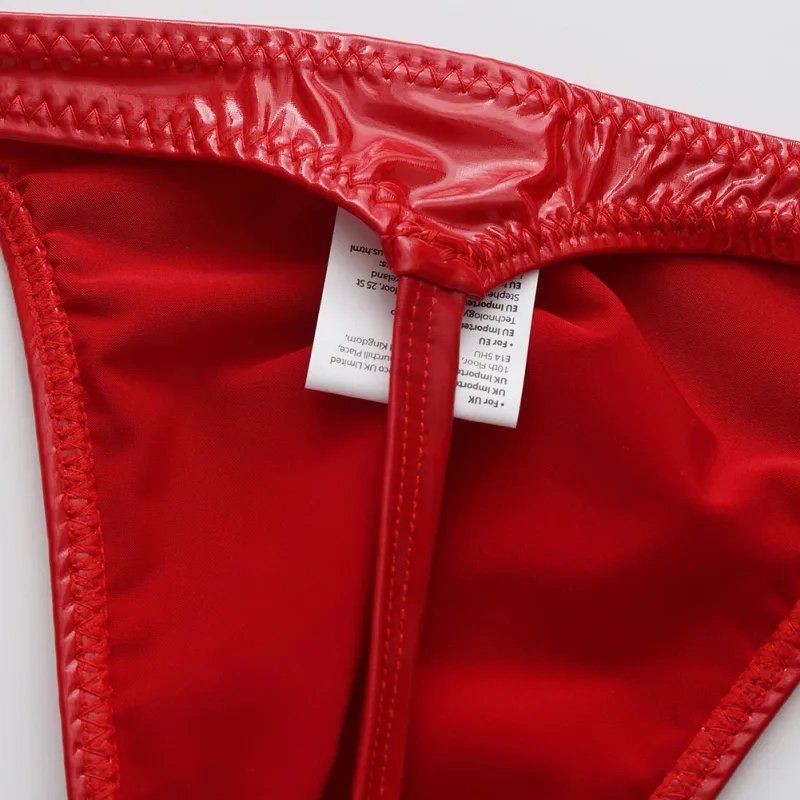 Cuecas masculinas de couro falso brilhante, cuecas g-string com alça fina, cintura baixa, lingerie masculina, lingerie com costas em t