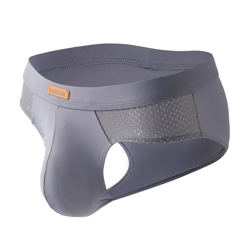 Cuecas masculinas de malha de seda gelo de verão, secagem rápida, bolsa em u, virilha separada, roupa íntima respirável, design triangular para conforto