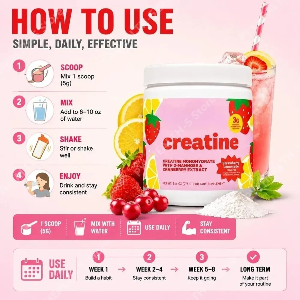 Suplemento de creatina monohidratada em pó 3g, fórmula vegana, sabor limonada de morango, açúcar zero para um estilo de vida ativo — image 6