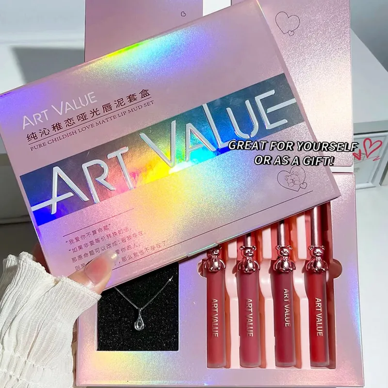 VALOR DA ARTE 4 Pcs Lipgloss Batom Líquido Duradoura Hidratante Maquiagem Espelho Lip Glaze Conjunto Com Colar Lip Tint Beleza Maquiagem