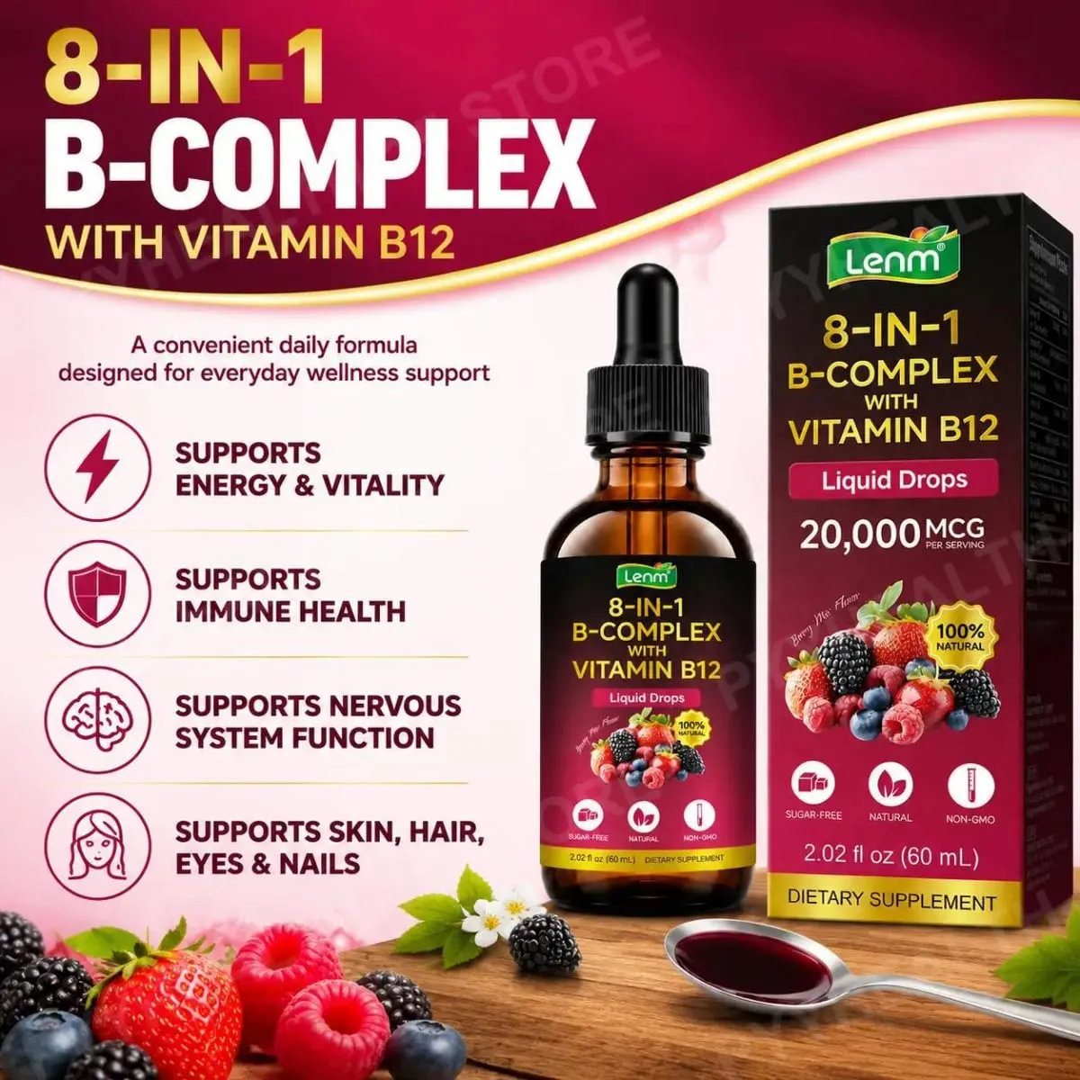Lenm Vitamin B12 B-Complex Liquid Drops 8 em 1 apoia o sistema nervoso, a saúde imunológica e a energia diária 60 ML sem açúcar e não OGM