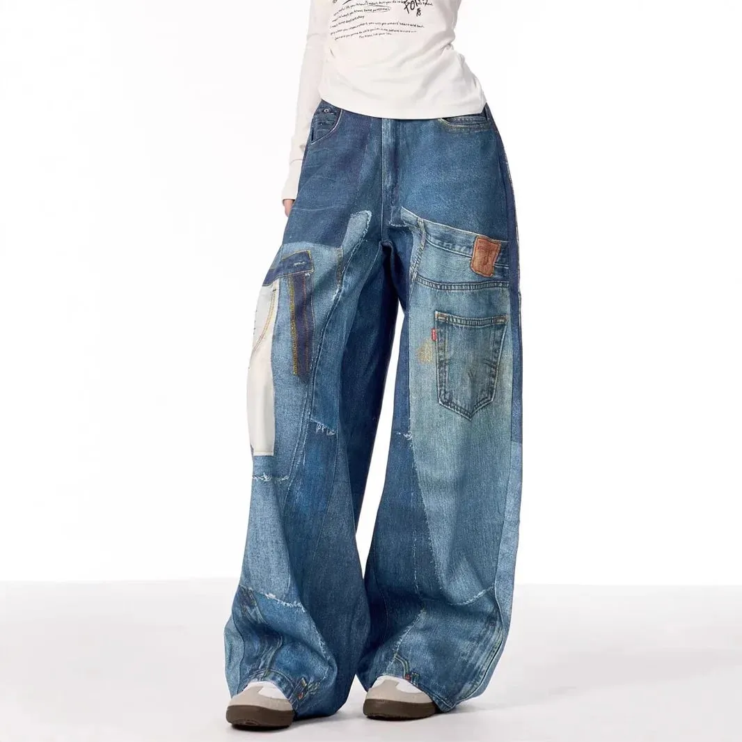 2025 American High Street Retro Design Patch Splicing Printed Jeans Men's and Women's Loose Straight Wide-leg Trousers