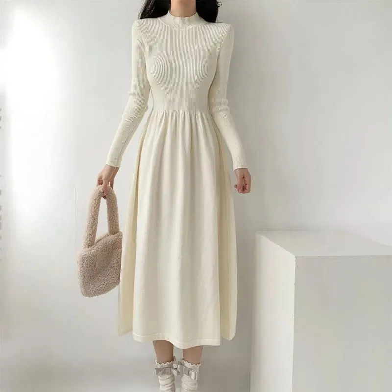 Autumn Winter Women Knitted Dress All-Match Simple Solid Half-High Collar Long Dresses Woman Korean Chic High Waist A-Line Dress