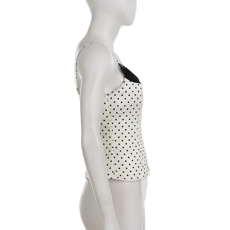 Chique rendas retalhos polka dot camis topos elegante sem mangas regata verão casual uso diário streetwear camisola 2026