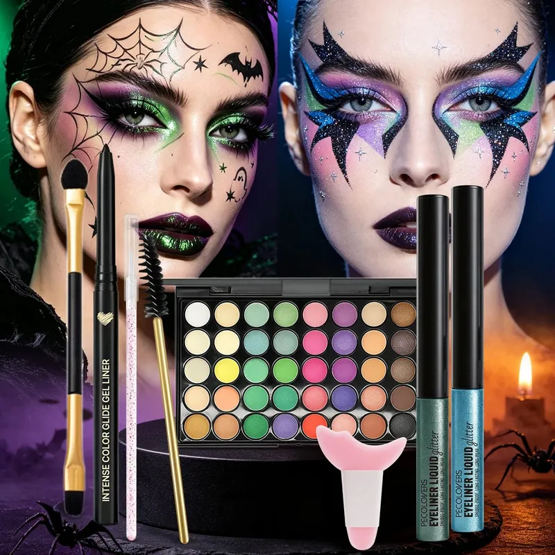 8 pçs/set halloween carnaval maquiagem dos olhos cor brilhante paleta de sombra brilho líquido delineador sobrancelha caneta pincéis de olho