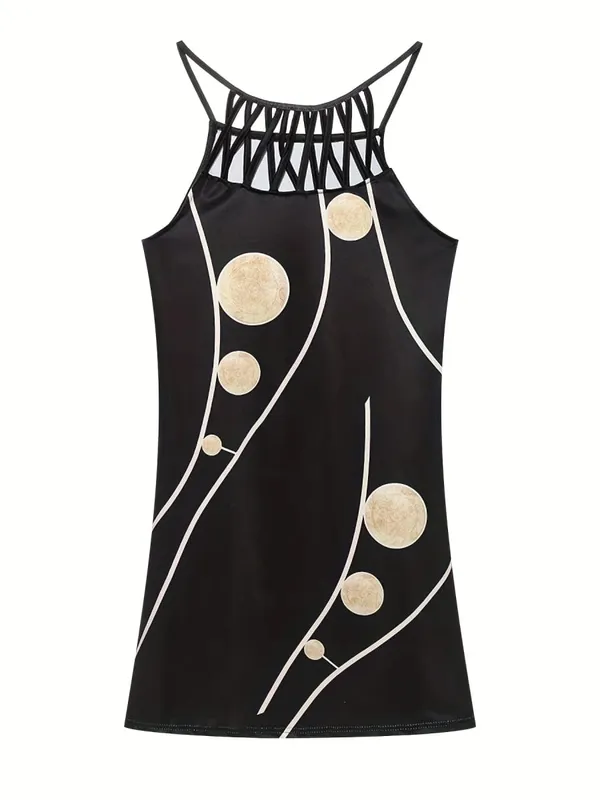 2026 New Spring and Summer National Wind Positioning Printing Mesh Belt Sleeveless Casual Dress