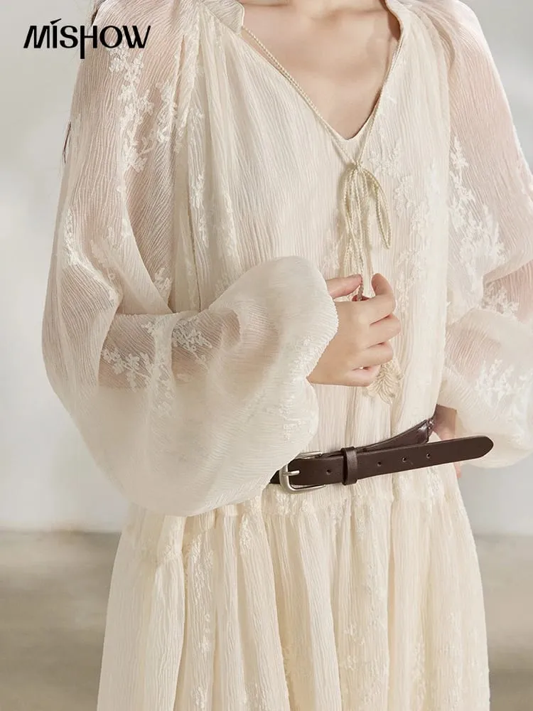 Embroidered Long Sleeve Maxi Dress with Belt 2026 Spring Tiered Ruffled V Neck Tassel Tie Solid Chiffon Dress MXF14L2562