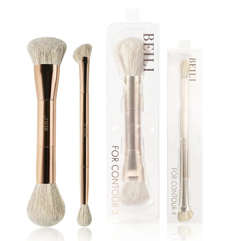 Conjunto de pincéis de maquiagem, pincéis de maquiagem dupla face para base, contorno, blush, mistura de sobrancelha e sombra de olho, fibra ciano brilhante