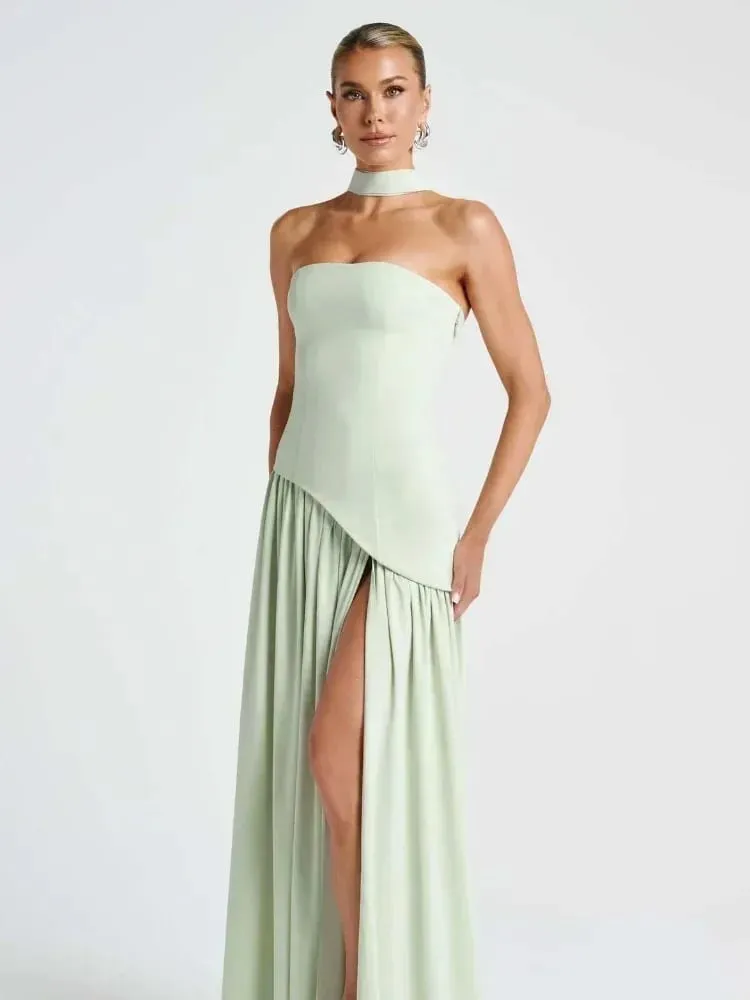 Solid Spliced Ribbon Maxi Dress Women Elegant Strapless Sleeveless Slit Long Dresses 2025 New Summer Holiday Party Lady Vestidos