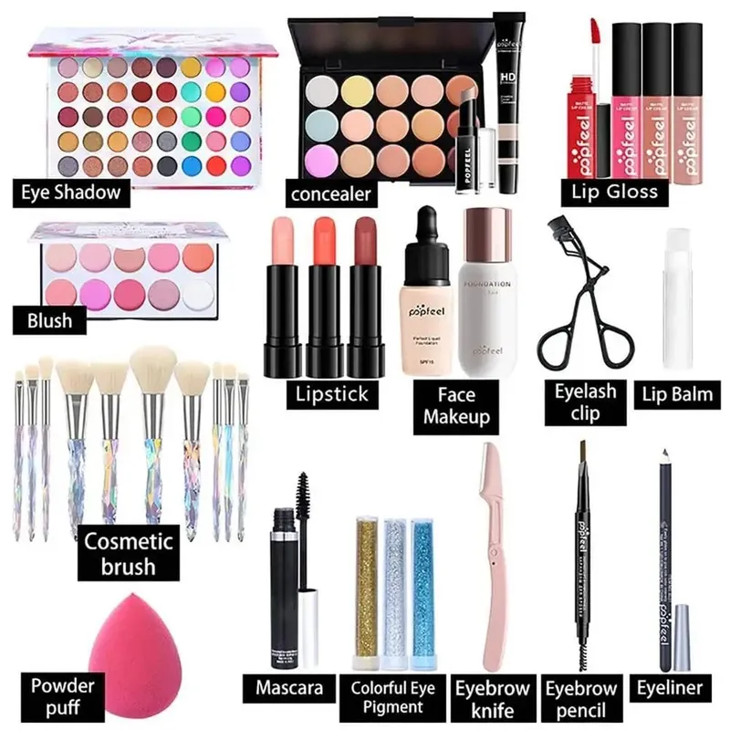 Conjunto de cosméticos para iniciantes, conjunto prático de cosméticos para maquiagem, brilho labial, ótimo presente, pó, com caixa de armazenamento para desempenho