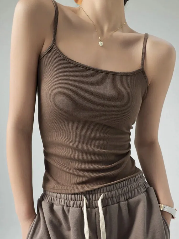 Regata feminina básica sem mangas de verão com alça espaguete slim fit elástica de malha de cor sólida