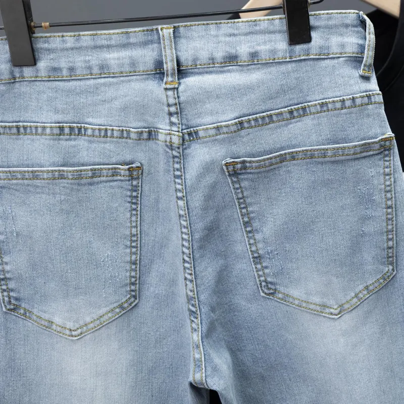 New Men's Little Feet Skinny Jeans Light Blue Spring Summer Thin Elastic Denim Pants Classic Korean Washed Cowboy Trousers