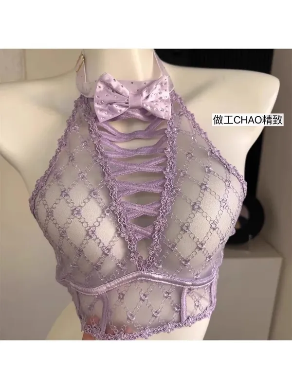 Minimizer Bra Large Cups DD+ | Sweetheart Bow Diamond Pattern Halter Top Slimming Thin Underwear Set Womens Lingerie Set