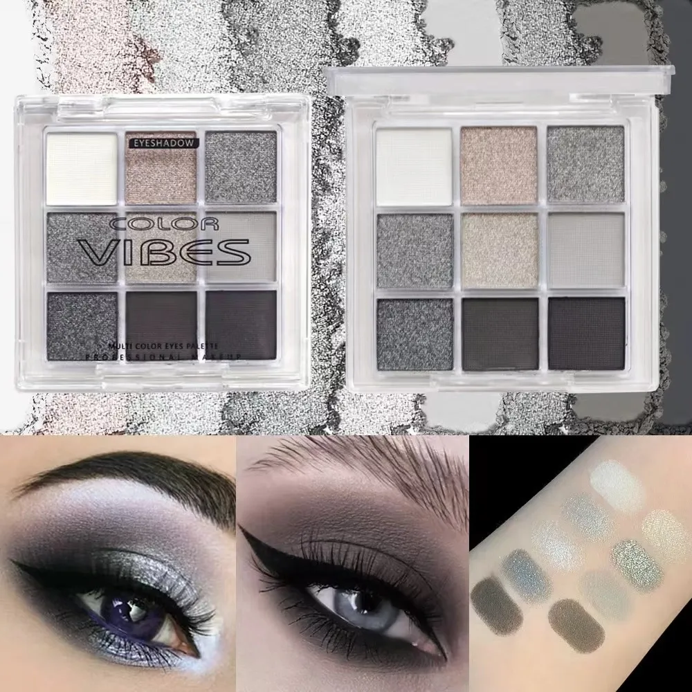 9‑Color Smoky Black Grey Eyeshadow Palette Matte Shimmer Cool Silver Gray Eye Makeup Palette High Pigment for Punk Party Stage