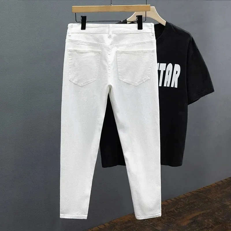 Calças de brim masculinas de ajuste fino primavera verão fino algodão macio elástico na moda tornozelo comprimento calças retas coreano simples denim