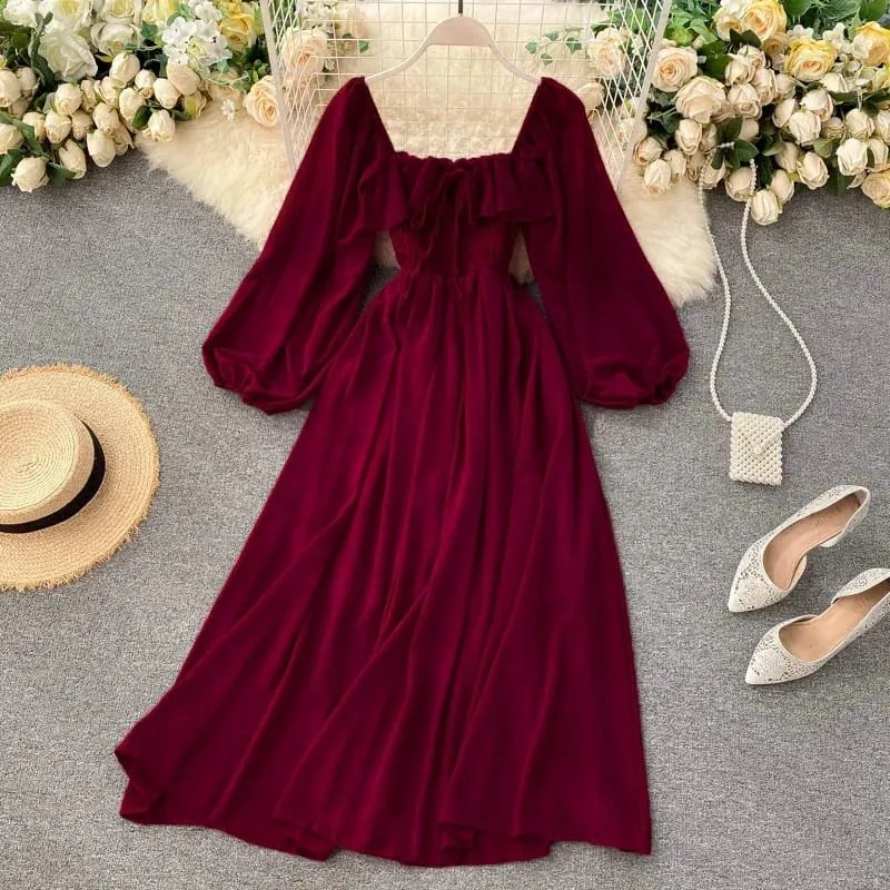 Chic elegante gola quadrada maxi vestido feminino sólido chiffon puff manga vestidos 2026 praia festa robe vintage plissado vestidos y2k