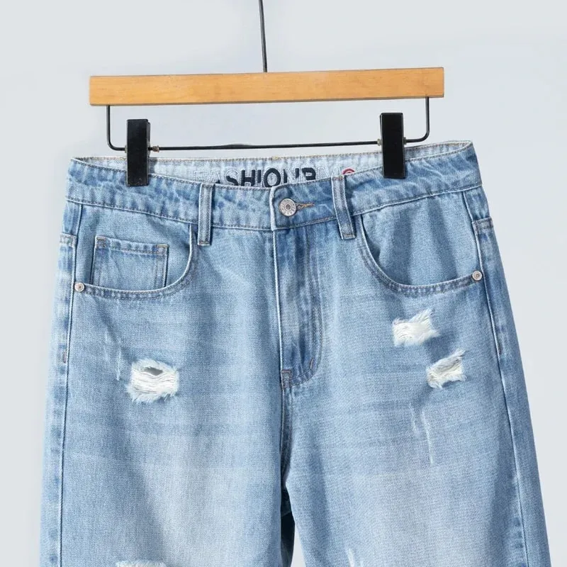 Verão fino rasgado jeans dos homens em linha reta respirável lavado denim calças casuais streetwear harlen tornozelo comprimento calças azul claro