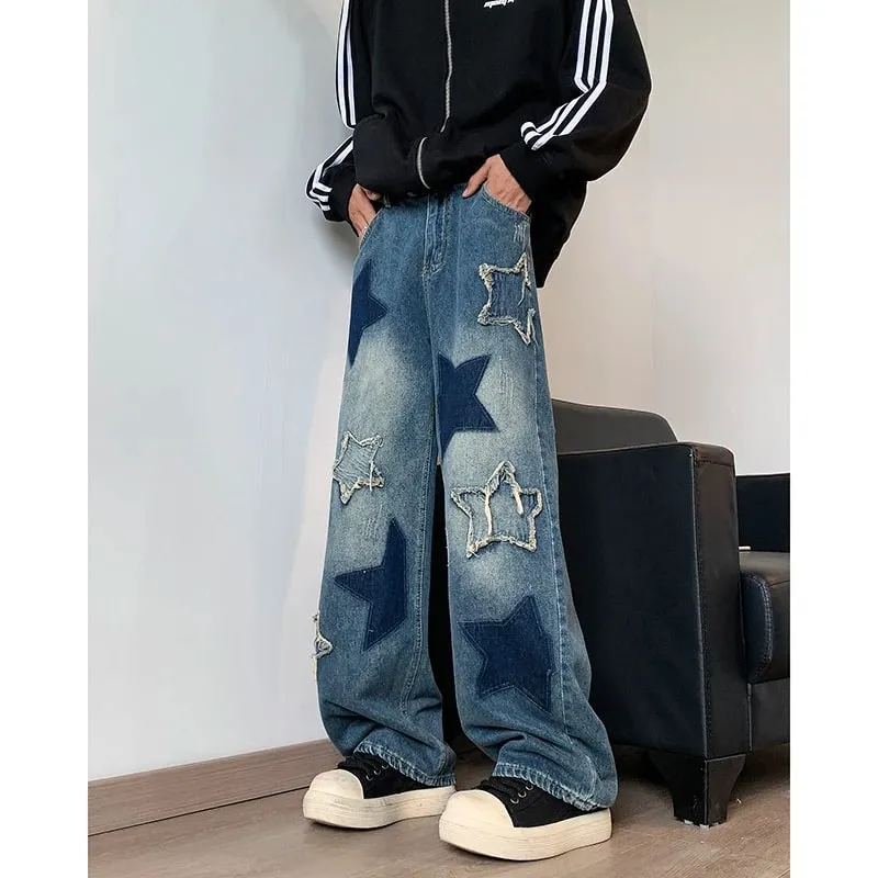 牛仔褲男直筒星星刺繡拼裝秋季牛仔褲Uomo闊腿嘻哈時尚青年中性街頭牛仔長褲