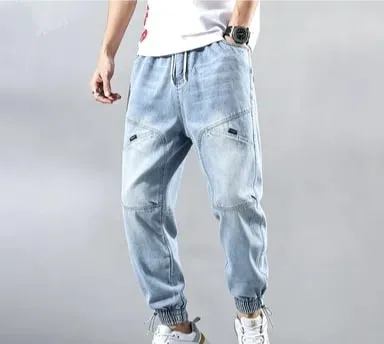 Street Elastic Jeans Men Denim Cargo Pants Wash Solid Color Multi Pockets Casual Mid Waist Trousers Daily Wear Joggers