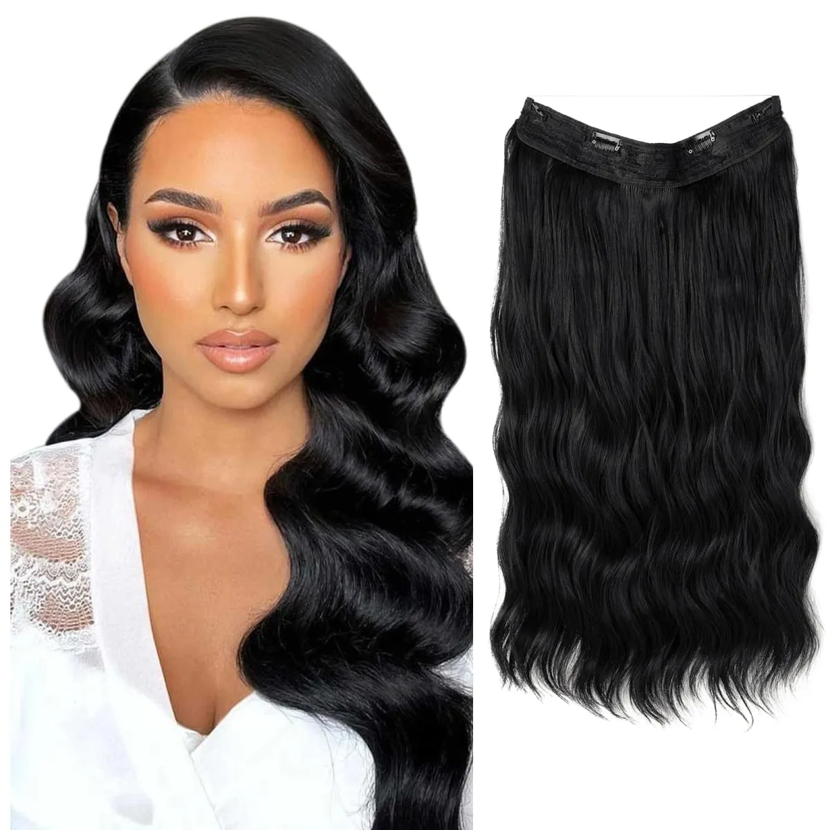 Fio invisível ondulado sintético com clipes, extensão de cabelo, linha de peixe, loiro natural, clipe em peça de cabelo falso