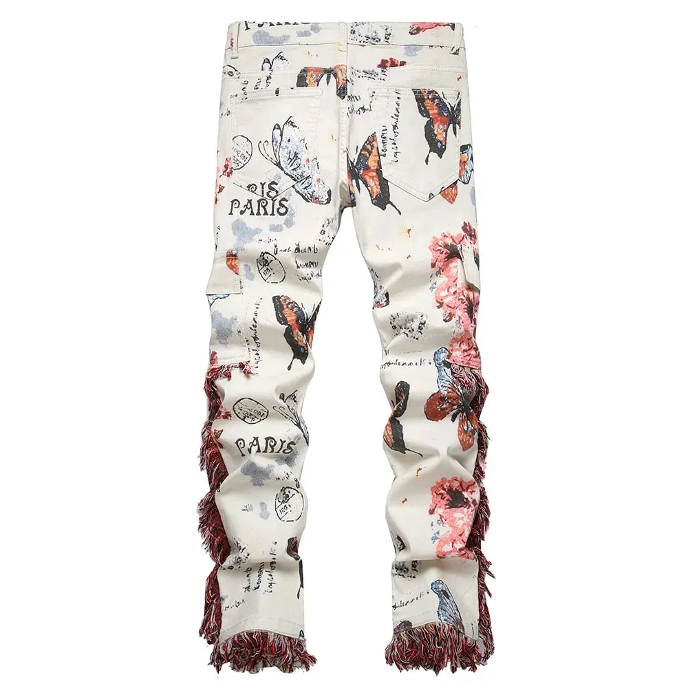 Homens borboleta impressão jeans jeans padrão de flor branco estiramento algodão calças finas borlas multi bolsos carga boa qualidade