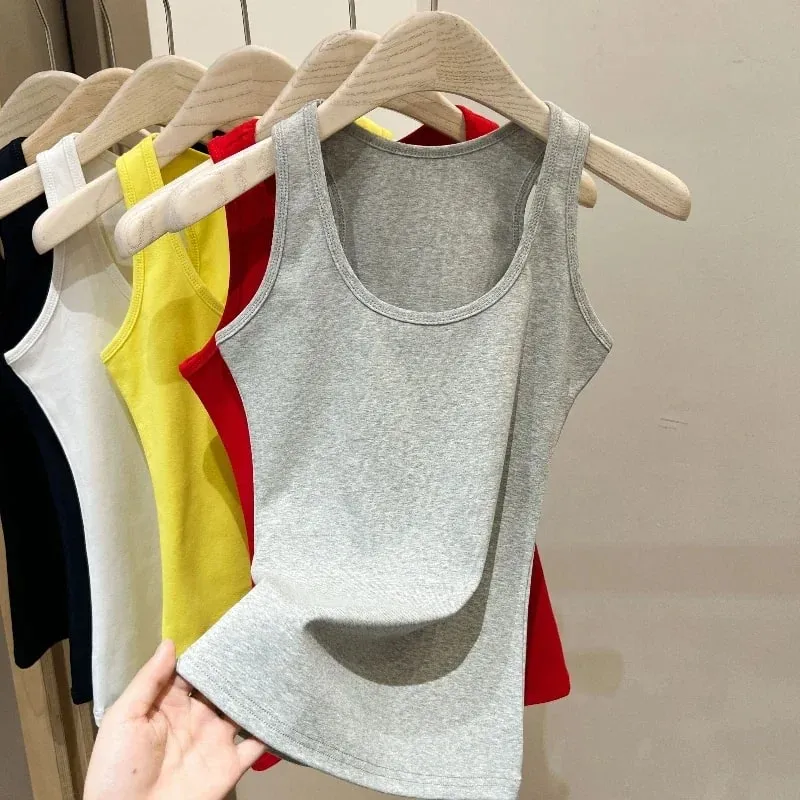 New Korean Style U-Neck Sleeveless Strap Tank Tops Slimming Base Layer Top Fashion Minimalist Design Summer Female Solid Camis
