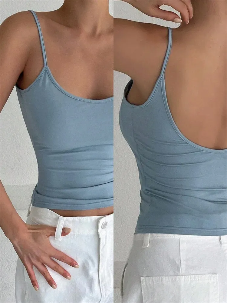 Mulheres sem costas cami colheita topo verão cor sólida casual sem mangas topo streetwear y2k roupas — image 7