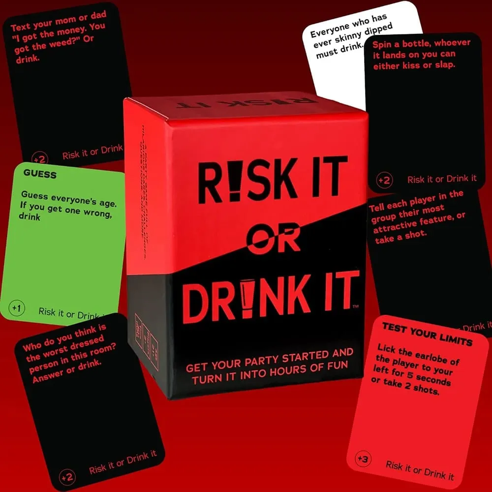 Arrisque ou beba divertido jogo de festa para jogo de cartas universitário, jogo de bebida, pré-jogo, noite, hilário, desafios, perguntas, adultos