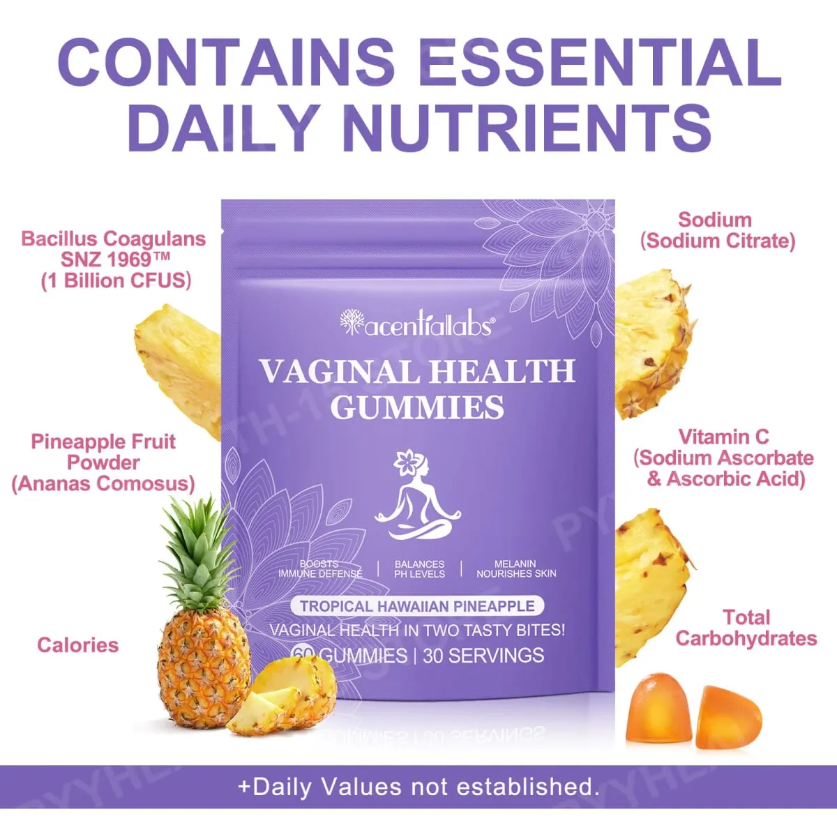 Gomas de saúde vaginal Suporte para equilíbrio de pH com vitamina C e frutas de abacaxi em pó sem gelatina Bem-estar diário 60 gomas