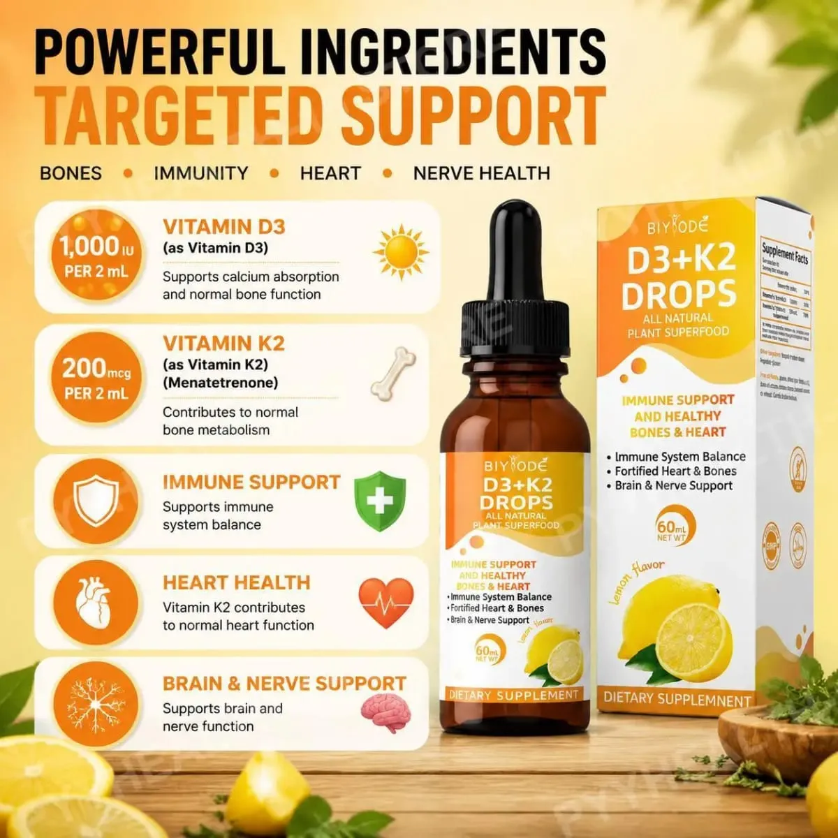 Vitamina D3 K2 Gotas Líquidas Absorção de Cálcio e Suporte Ósseo 1000 UI D3 com Sabor Limão K2 60 ml 30 Porções