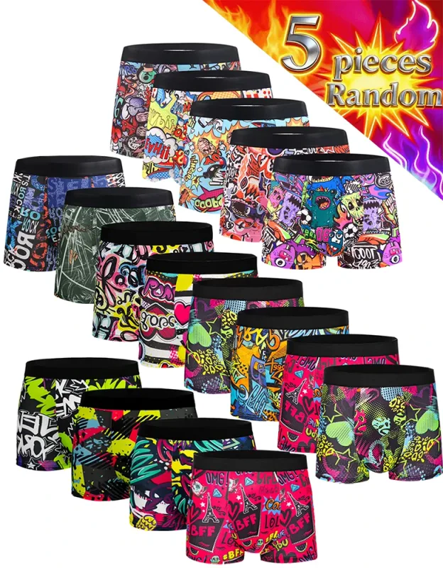 5 pçs aleatório masculino respirável boxer roupa interior com padrões de graffiti coloridos cintura elástica roupa interior na moda e na moda