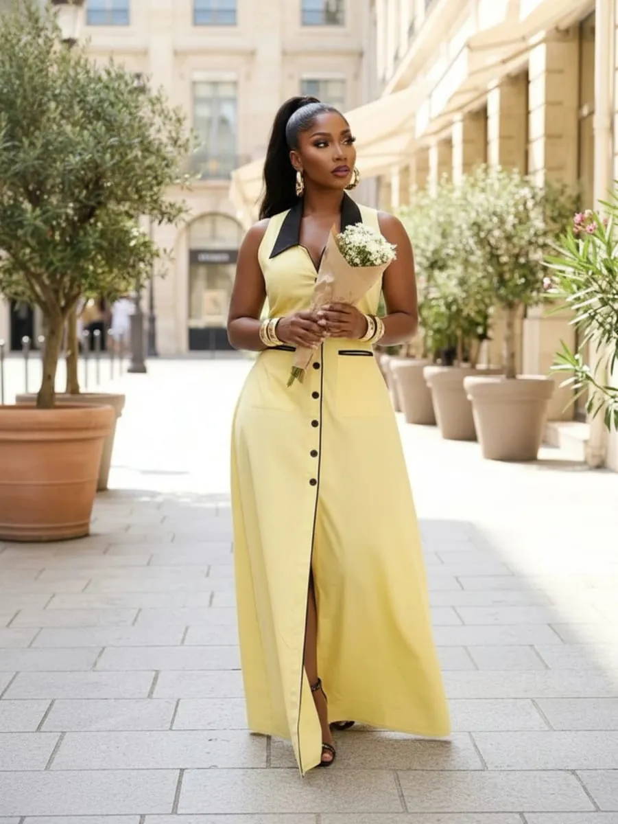 Women Sleeveless Contrast Lapel Button‑Front Split Maxi Dress With Pockets Daily Commute Street Casual Long Dress