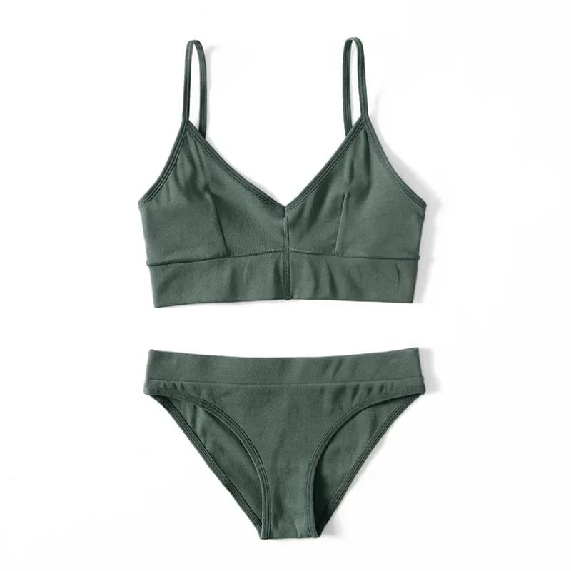 Conjunto de sutiã sem fio com nervuras de cor sólida feminino sutiã de alça fina com cuecas triangulares lingerie