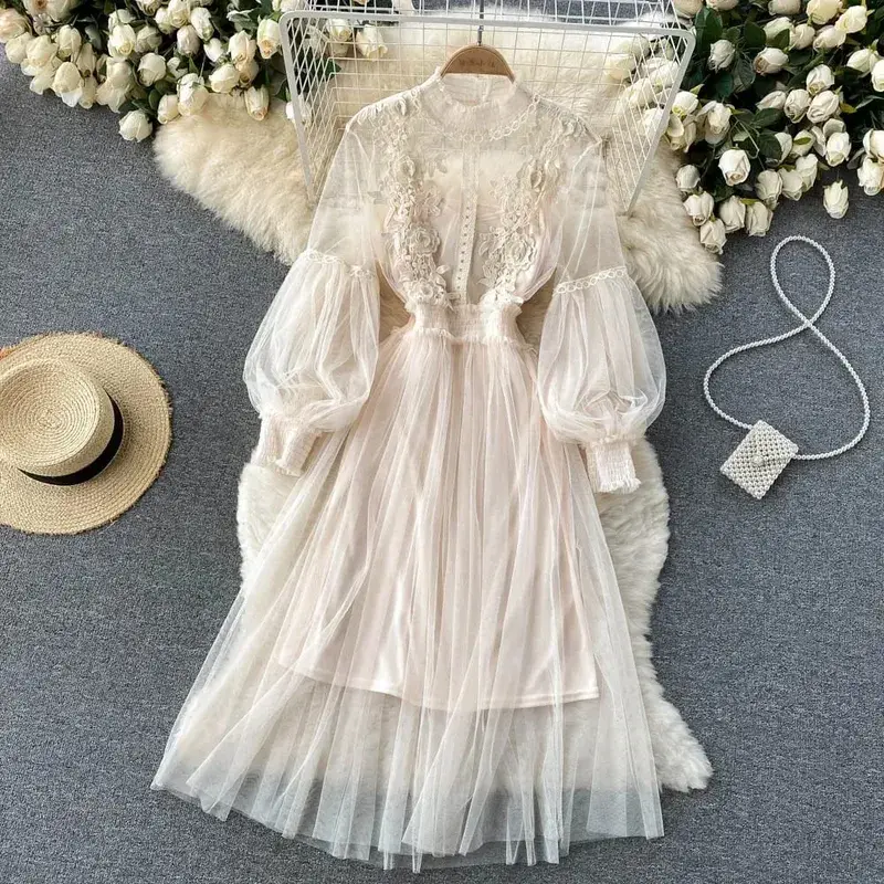 Senhoras vestido tridimensional flor gancho malha temperamento gola lanterna manga cintura alta magro vestidos femininos