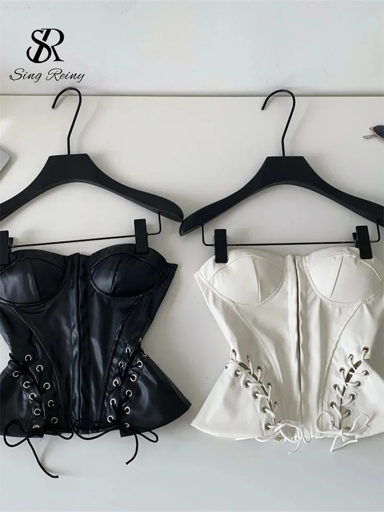 PU Leather Sensual Club Bustier Strapless Slim Lace Up Shirred Backless Camis Female Edgy Streetwear Fashion Tank Tops