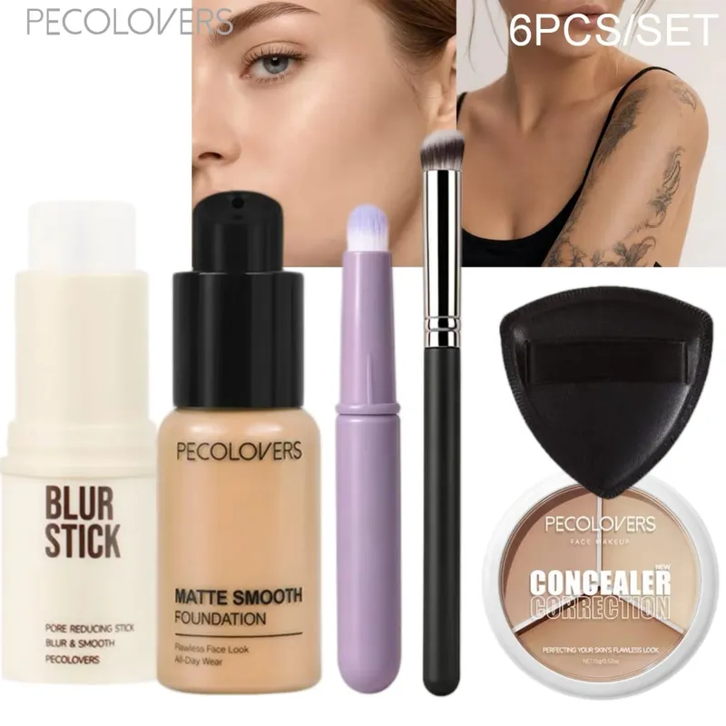 6 pçs/set à prova dwaterproof água cobertura completa corretivo fundação primer vara corretivo paleta puff escova hidratante rosto corretivo — image 2