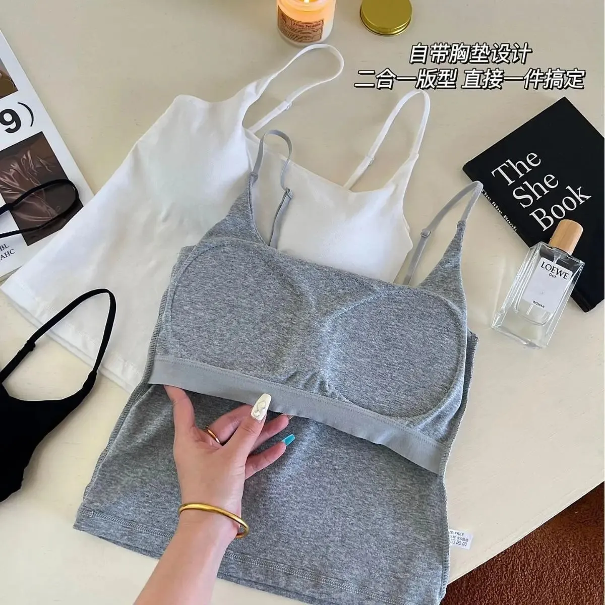 Básico sólido camis casual sem mangas cinta de espaguete colheita topo quadrado pescoço regatas com sutiã embutido y2k roupas femininas verão — image 5