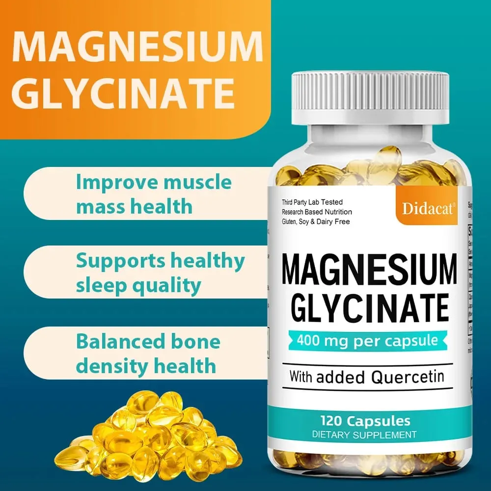 Glicinato de magnésio - com quercetina melhora a saúde cardiovascular, reduz o estresse e promove o crescimento muscular do sono saudável
