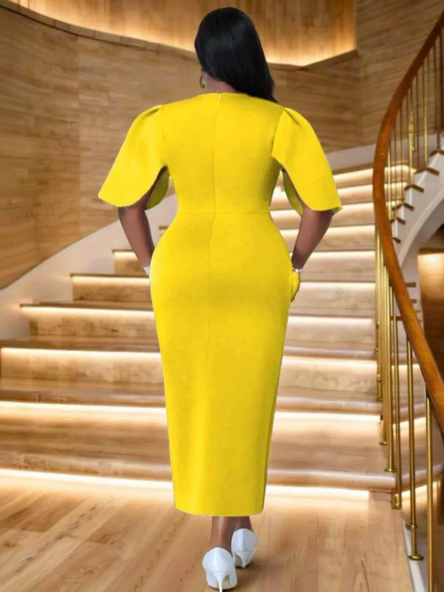 Feminino decote redondo manga esvoaçante decoração diagonal split midi bodycon vestido tamanho grande para jantar formal casamento convidado festa de noite moda ocasiões — image 2