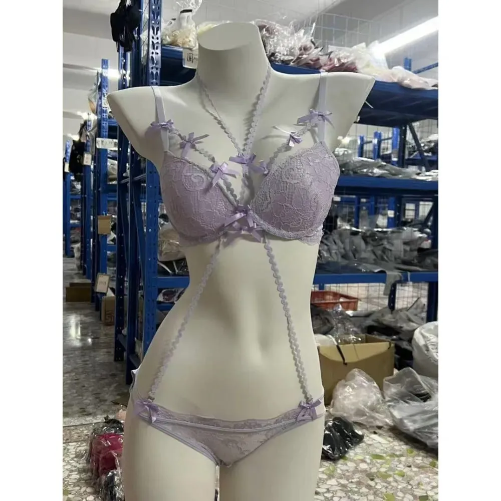 セクシーな BANERDANNI Bowknot Roxo Conjunto de Roupa Interior Fina Alça de Ombro Conforto Puro Look Feminino Lingerie Íntima 32-38 Roupas Diárias
