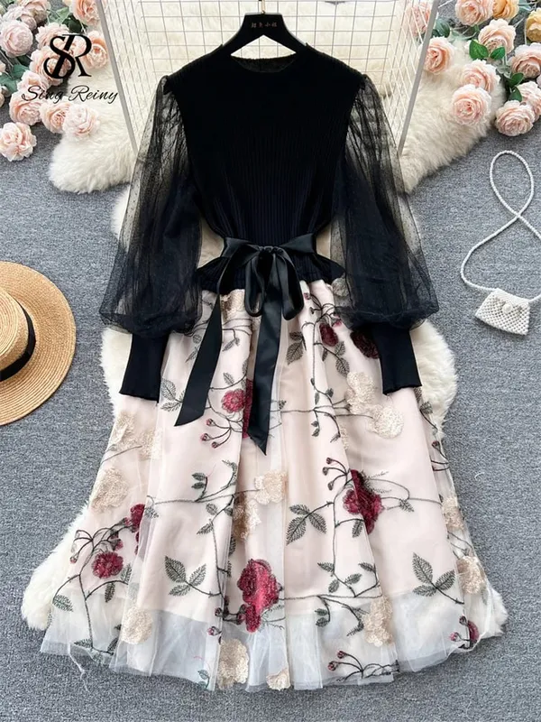 Sênior malha retalhos vestido longo lanterna mangas arco malha bordado floral feminino outono frança elegante vestido de festa