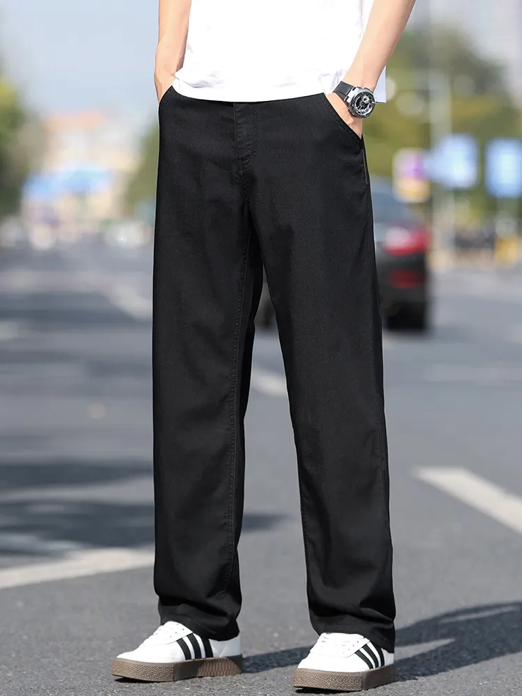 Calças de brim finas masculinas de perna larga solta lyocell macio drape tecido conforto calças primavera verão marca de moda calças jeans de lavagem