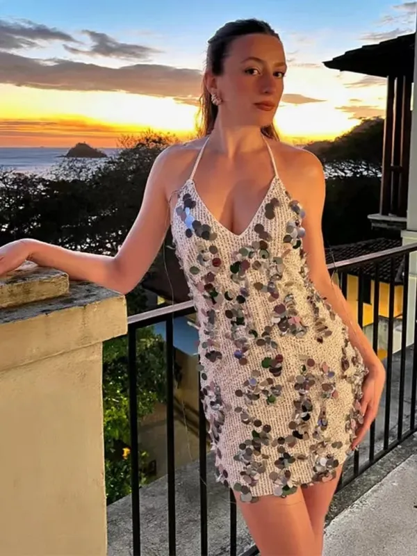 Mulheres sólido lantejoulas mini vestido halter pescoço profundo decote em v bodycon sem mangas vestidos brilhantes formal clube festa cocktail vestidos novo