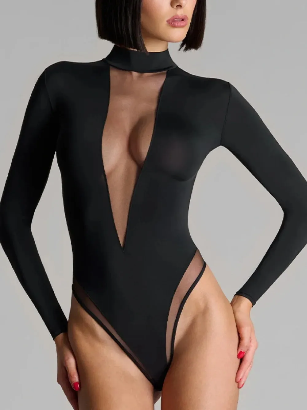 2026 nova perspectiva de v profundo malha emenda manga comprida preto macacão sexy picante menina roupa festa data nicho tendência moda ins